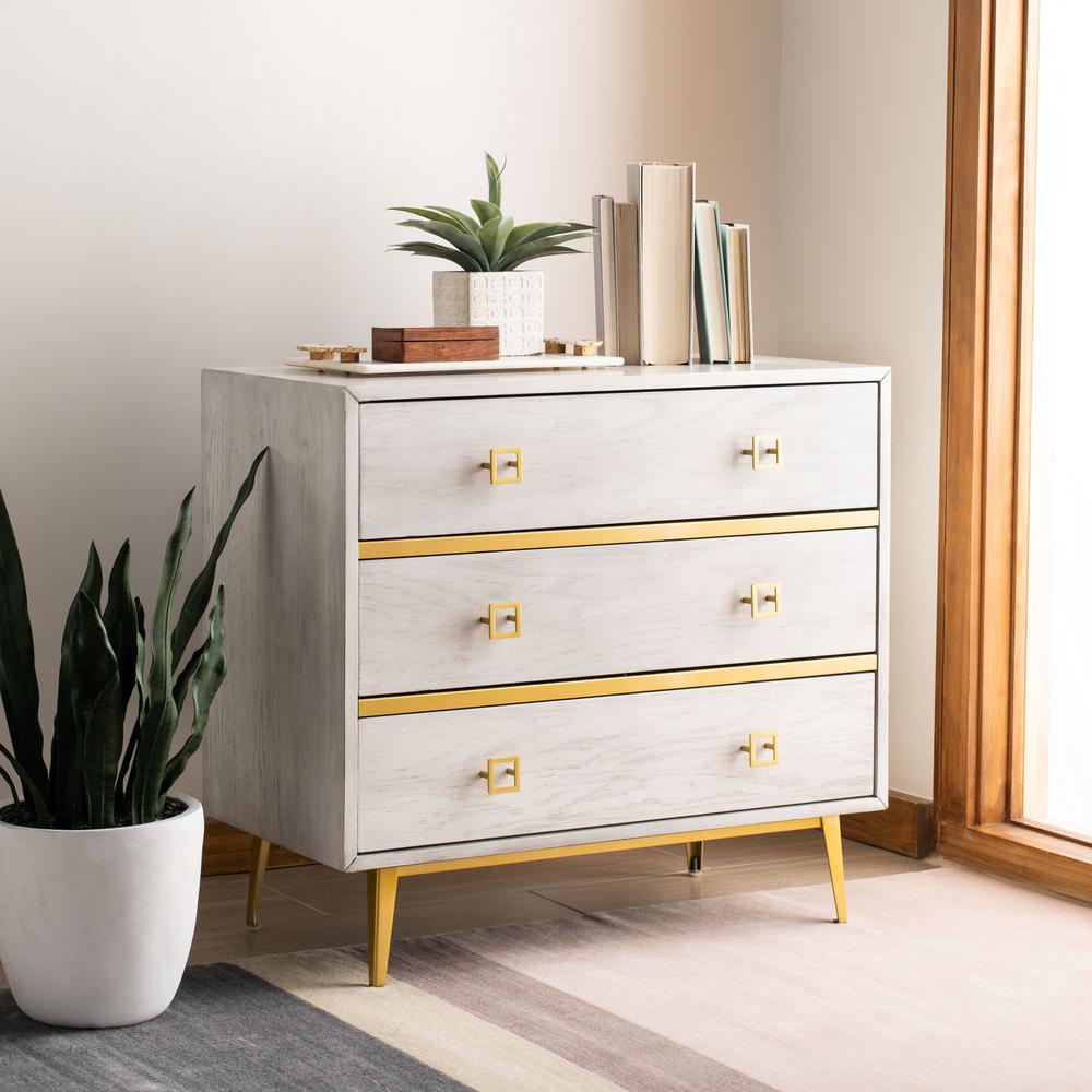 Katia 3 Drawer Chest, White Wash/Gold. Picture 9