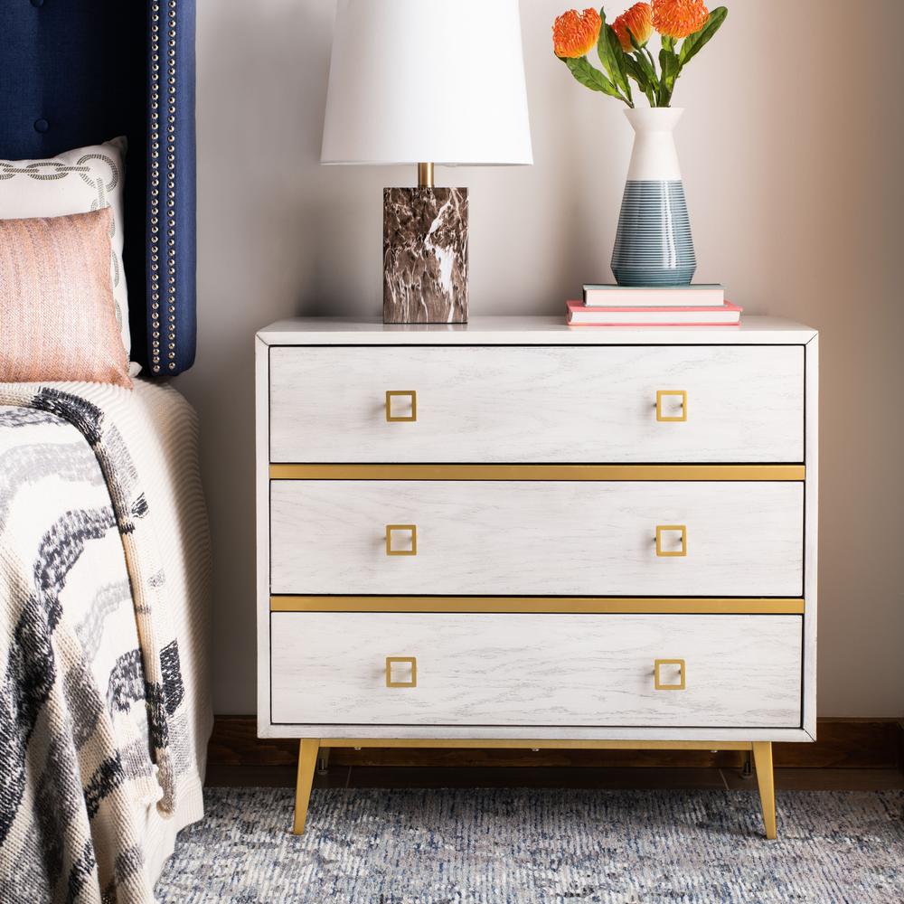 Katia 3 Drawer Chest, White Wash/Gold. Picture 10