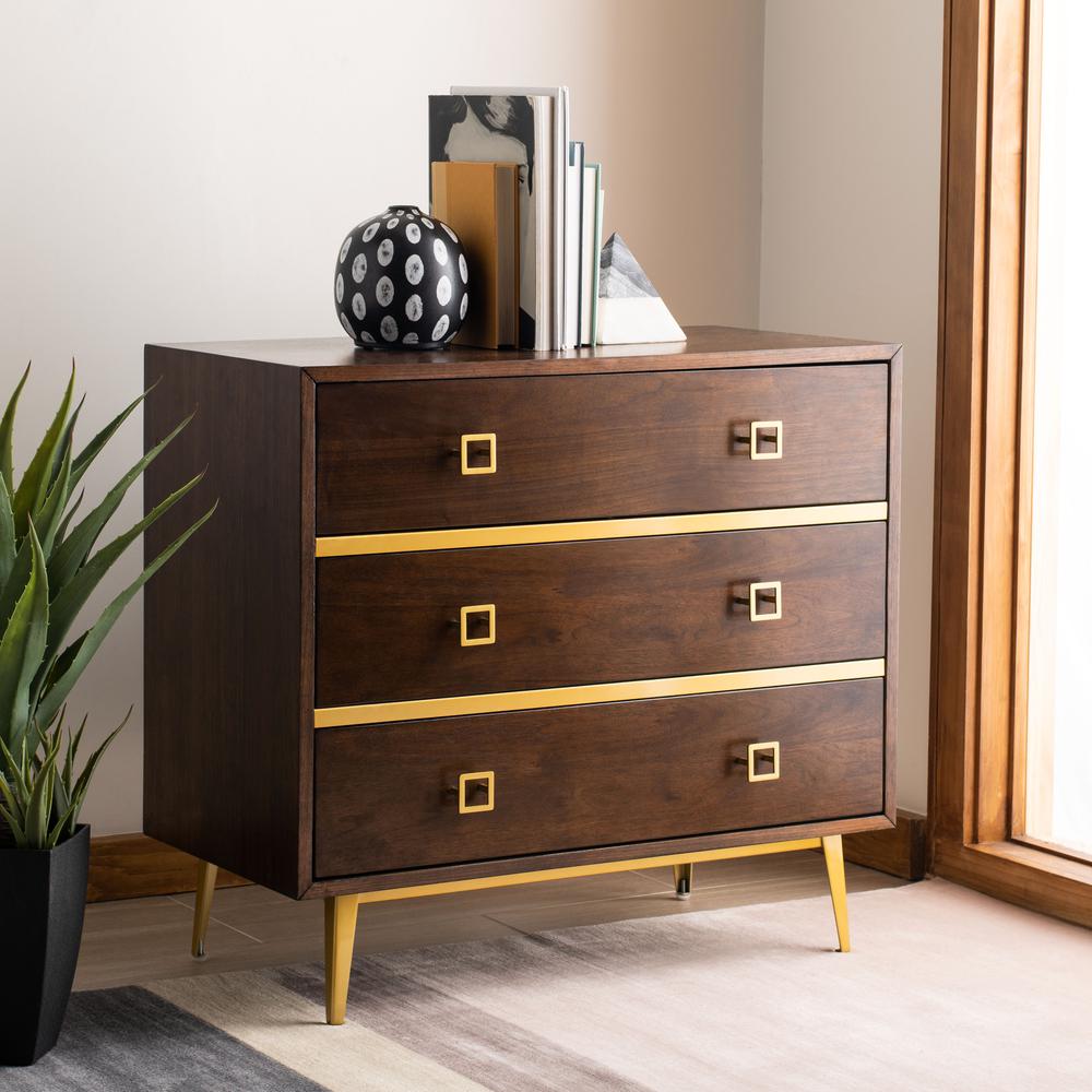 Katia 3 Drawer Chest, Walnut/Gold. Picture 9