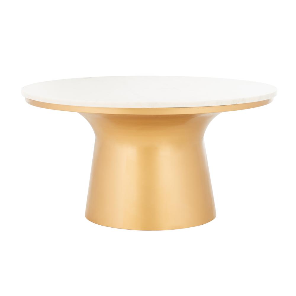 Mila Pedestal Coffee Table, White Marble/Brass. Picture 1