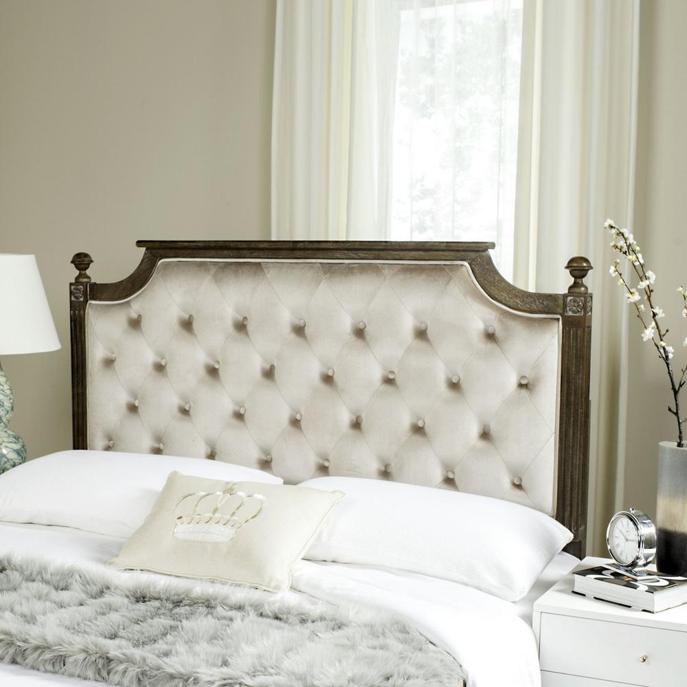 RUSTIC WOOD BEIGE TUFTED VELVET TWIN HEADBOARD. The main picture.