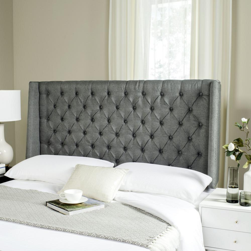 LONDON GREY LINEN TUFTED WINGED HEADBOARD - FLAT NAIL HEADS. Picture 1