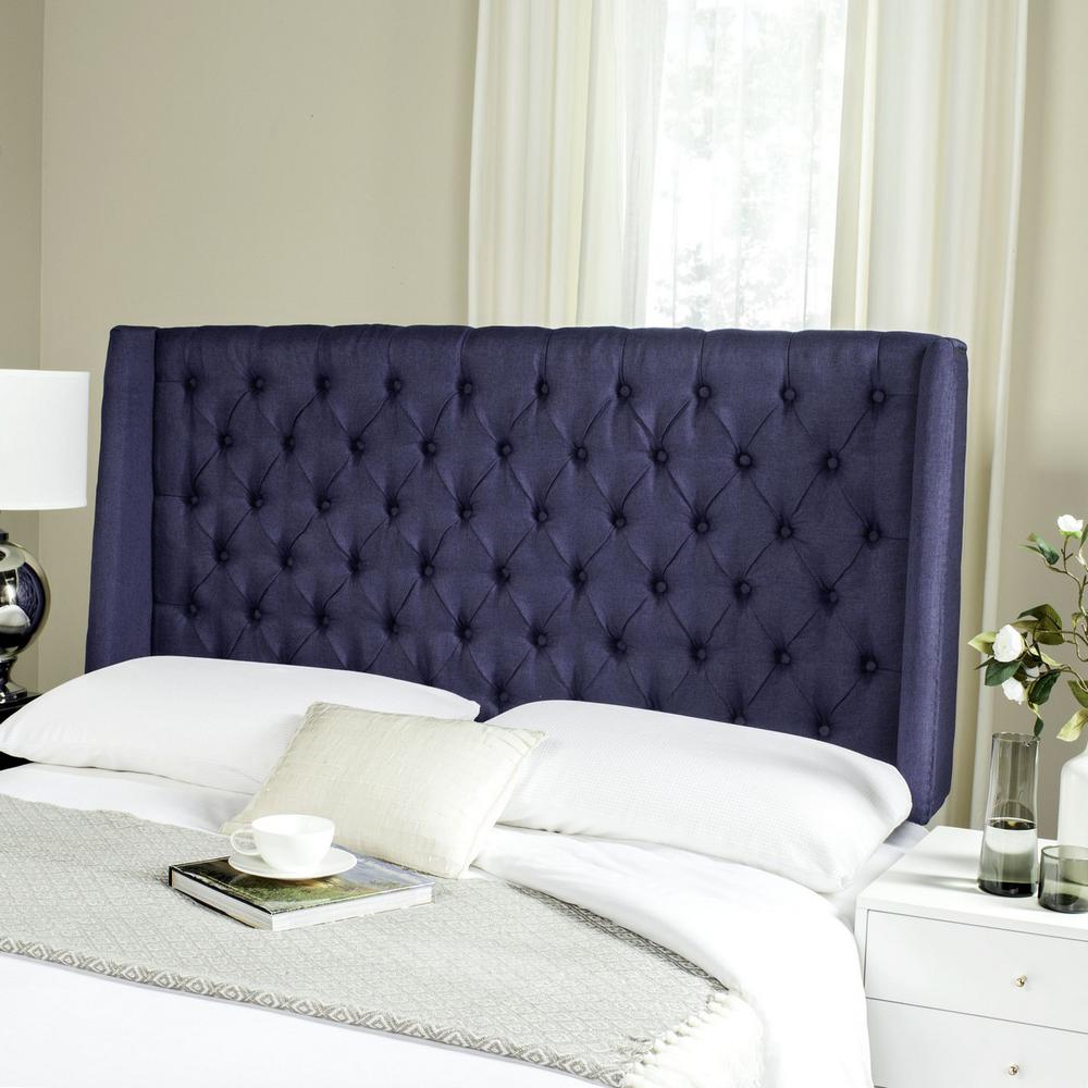LONDON NAVY LINEN TUFTED WINGED HEADBOARD - FLAT NAIL HEADS. The main picture.