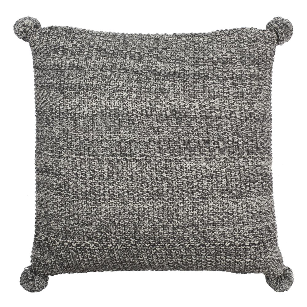 Pom Pom Knit Pillow, Dark Grey/Natural. Picture 1