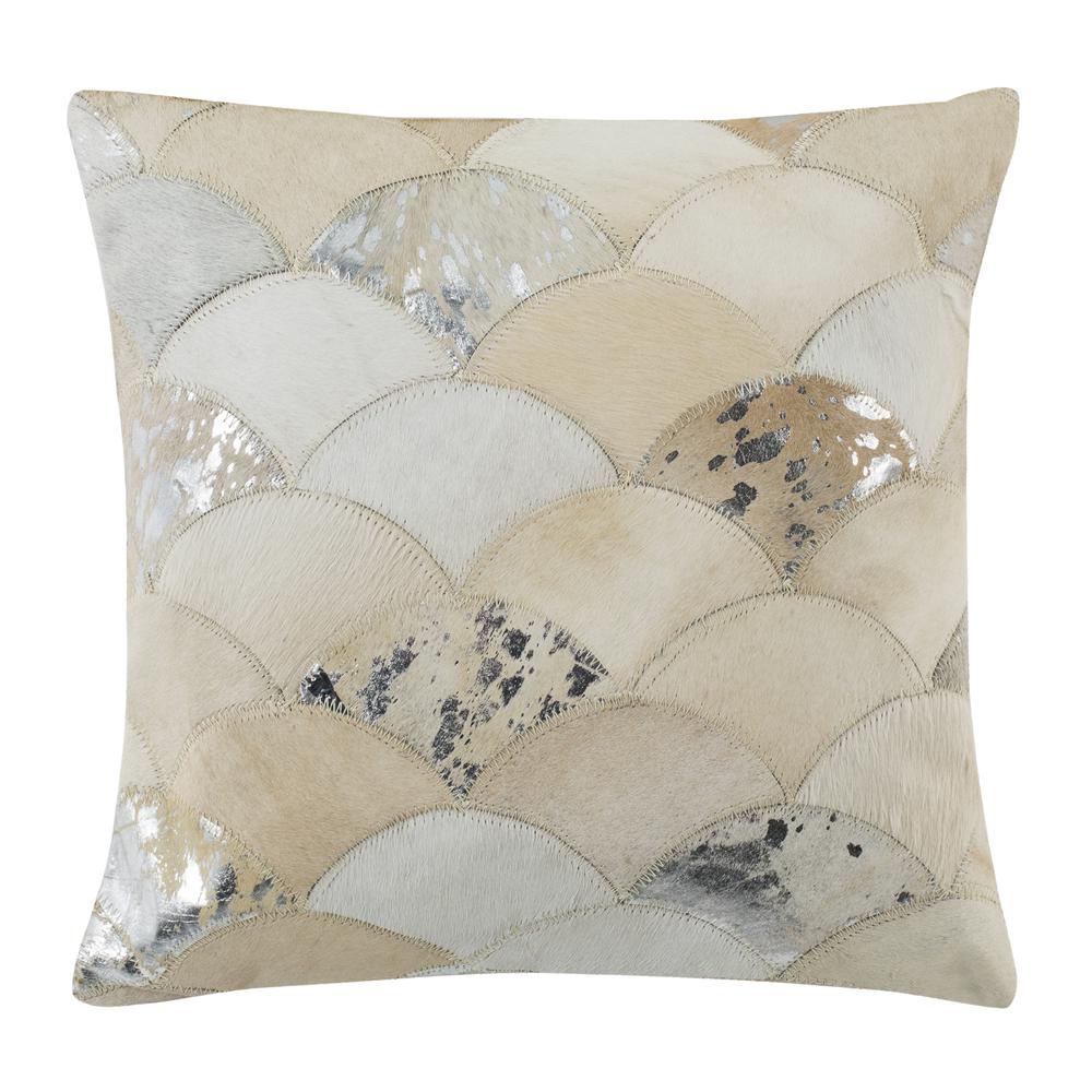 Metallic Scale Cowhide Pillow, White/Silver. Picture 1