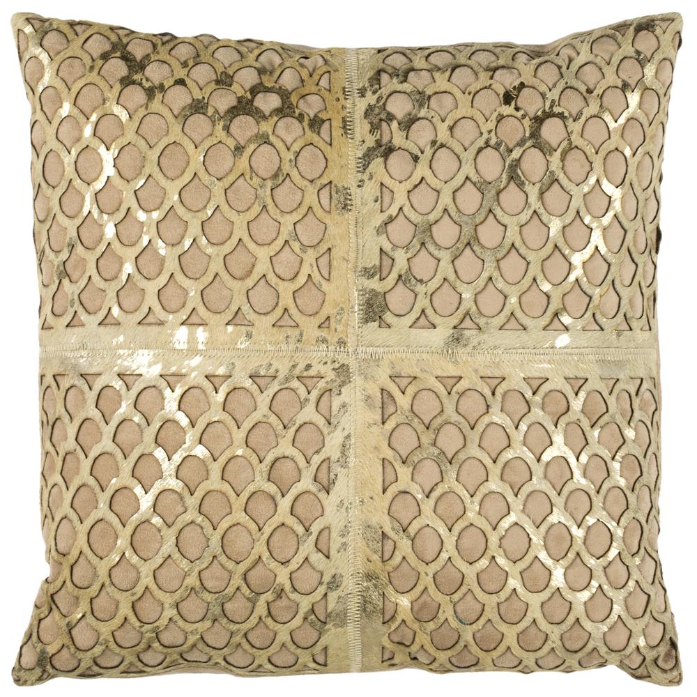 Metallic Fin Cowhide Pillow, Beige/Gold, PLS221A-1818. Picture 5