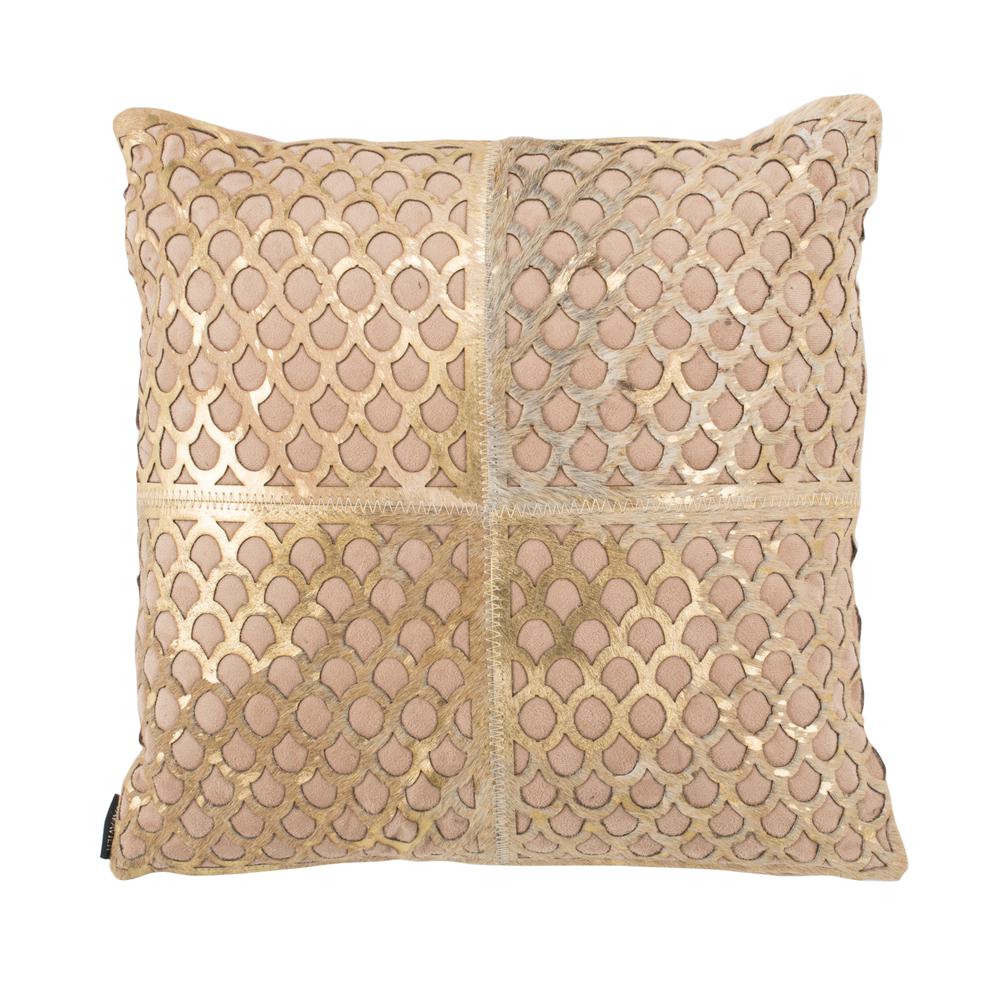 Metallic Fin Cowhide Pillow, Beige/Gold, PLS221A-1818. Picture 1