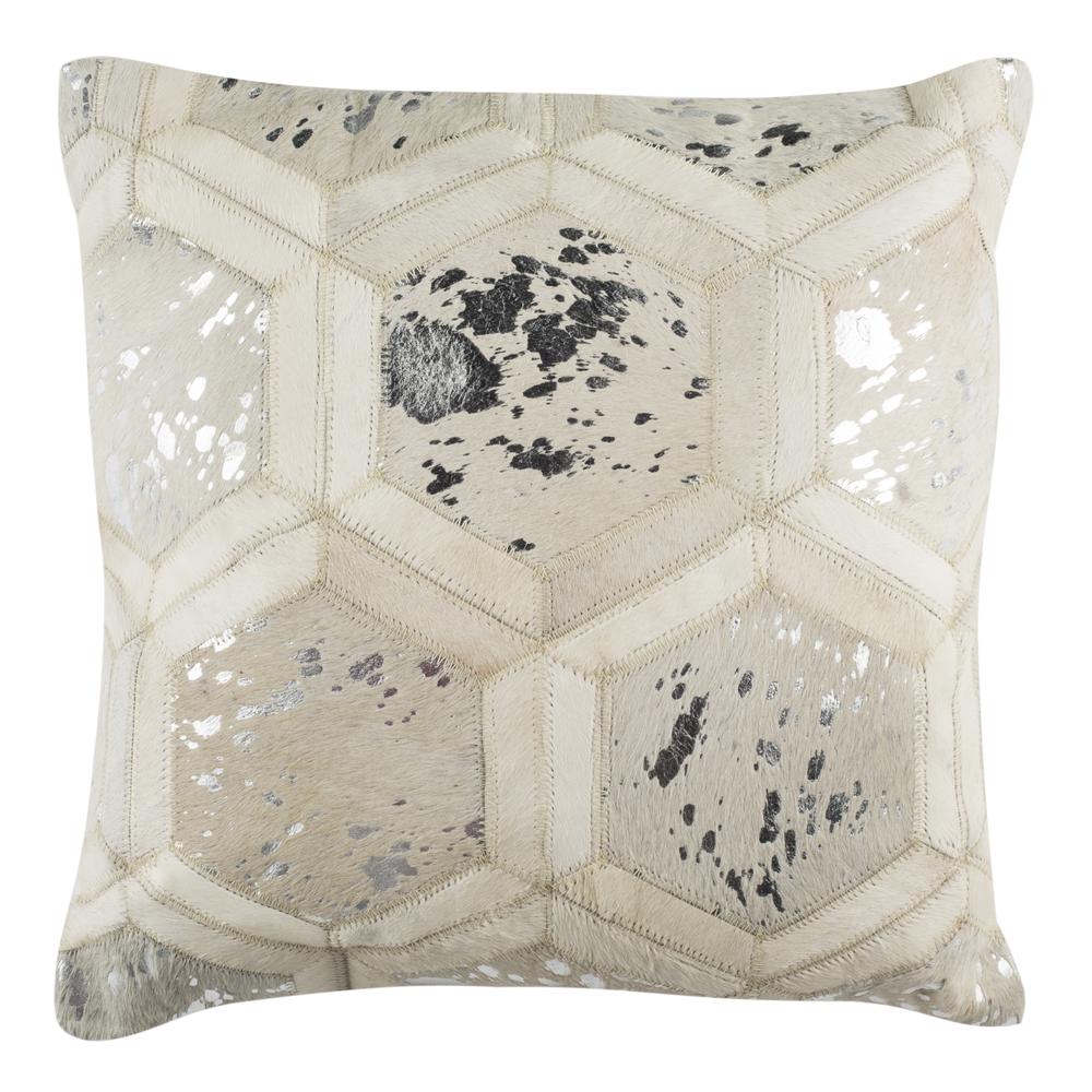 Maggie Metallic Cowhide 20"X20" Pillow, White/Silver. Picture 2