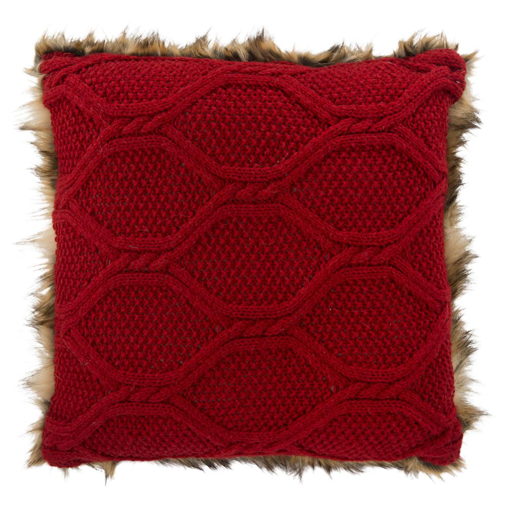Luccia Faux Fur Pillow, Brown Faux Fur/Red Knit. Picture 1