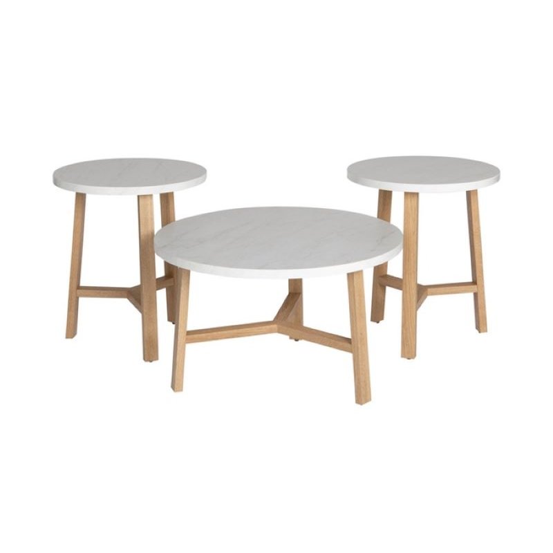 3-Piece Mid Century Modern Accent Table Set - Faux White Marble/Acorn. Picture 1
