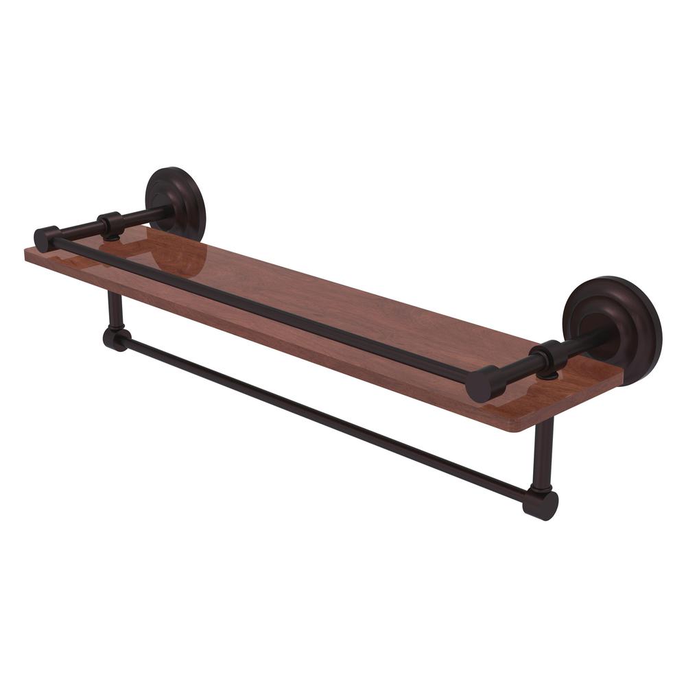 QN-1TB-22-GAL-IRW-ABZ Que New Collection 22 Inch IPE Ironwood Shelf with Gallery  Rail and Towel Bar, Antique Bronze