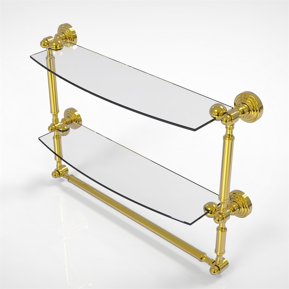 WP-34TB/18-UNL Waverly Place Collection 18 Inch Two Tiered Glass Shelf with Integrated Towel Bar, Unlacquered Brass. Picture 1