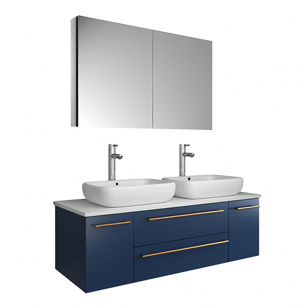 Fresca Lucera 48" Royal Blue Wall Hung Double Vessel Sink Modern Bathroom Vanity w/ Medicine Cabinet. The main picture.