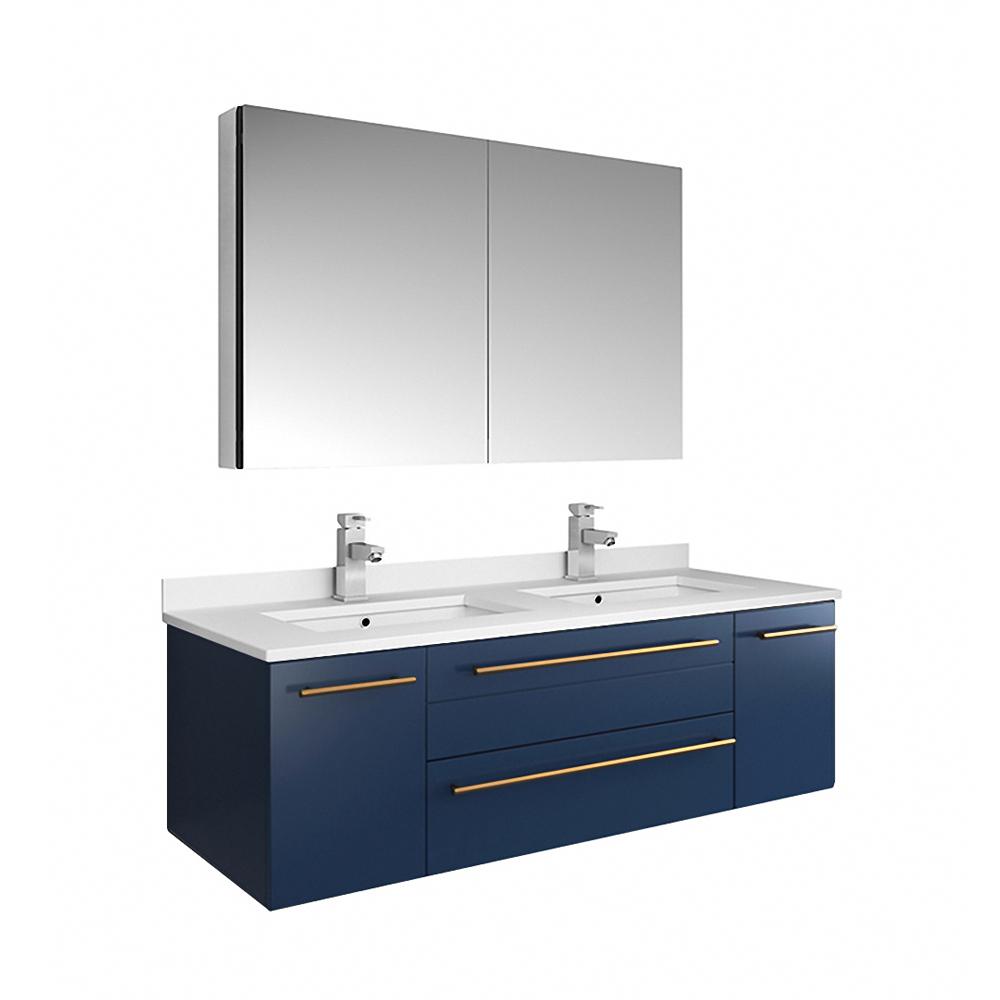 Fresca Lucera 48" Royal Blue Wall Hung Modern Bathroom Cabinet w/ Top & Double Undermount Sinks. Picture 3