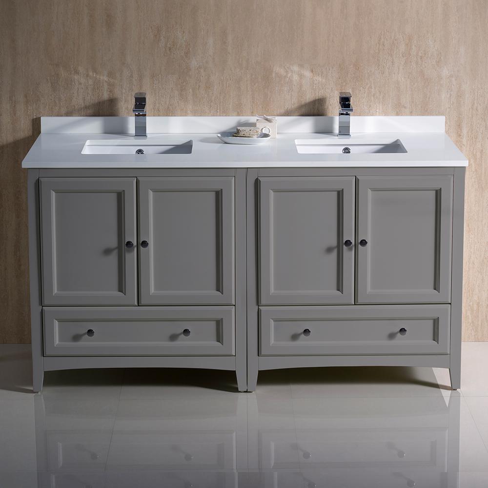 Oxford 60" Gray Traditional Double Sink Bathroom Cabinets w/ Top & Sinks