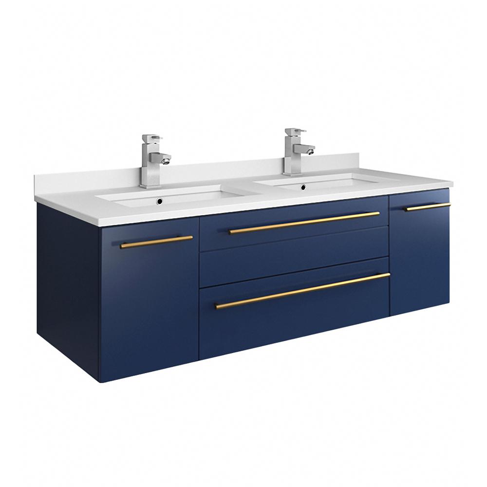 Fresca Lucera 48" Royal Blue Wall Hung Modern Bathroom Cabinet w/ Top & Double Undermount Sinks. The main picture.