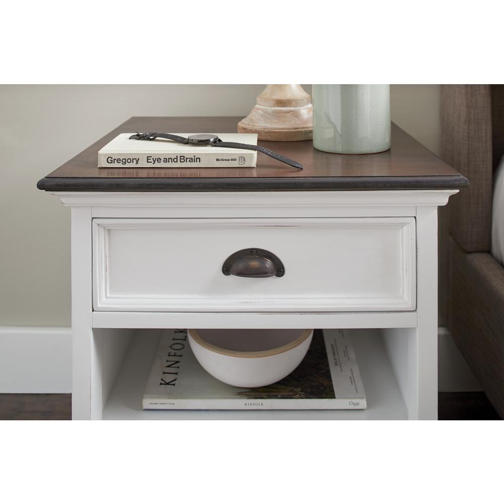 Halifax Accent White Distress & Deep Brown Bedside Table with Shelves. Picture 7