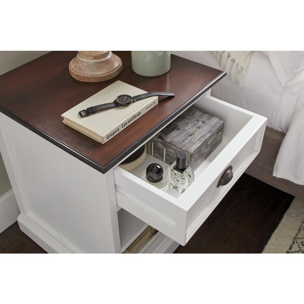 Halifax Accent White Distress & Deep Brown Bedside Table with Shelves. Picture 9