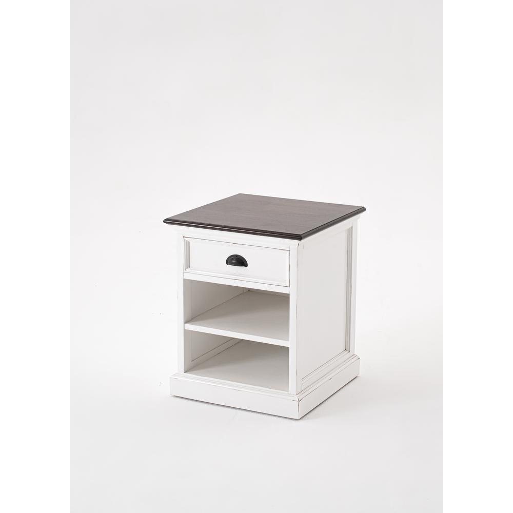 Halifax Accent White Distress & Deep Brown Bedside Table with Shelves. Picture 13