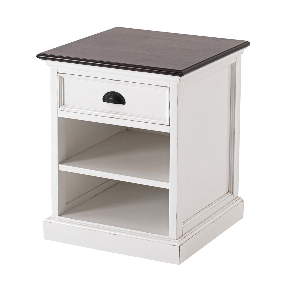 Halifax Accent White Distress & Deep Brown Bedside Table with Shelves. Picture 2