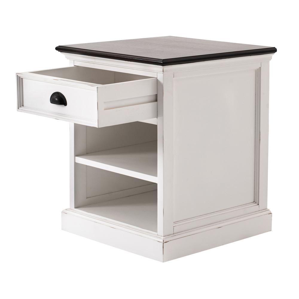 Halifax Accent White Distress & Deep Brown Bedside Table with Shelves. Picture 4