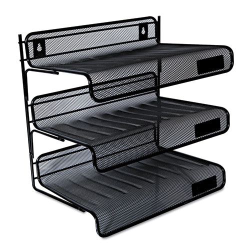 Deluxe Mesh Three-Tier Desk Shelf, 3 Sections, Letter Size Files, 13.25" x 9.25" x 12.38", Black. The main picture.