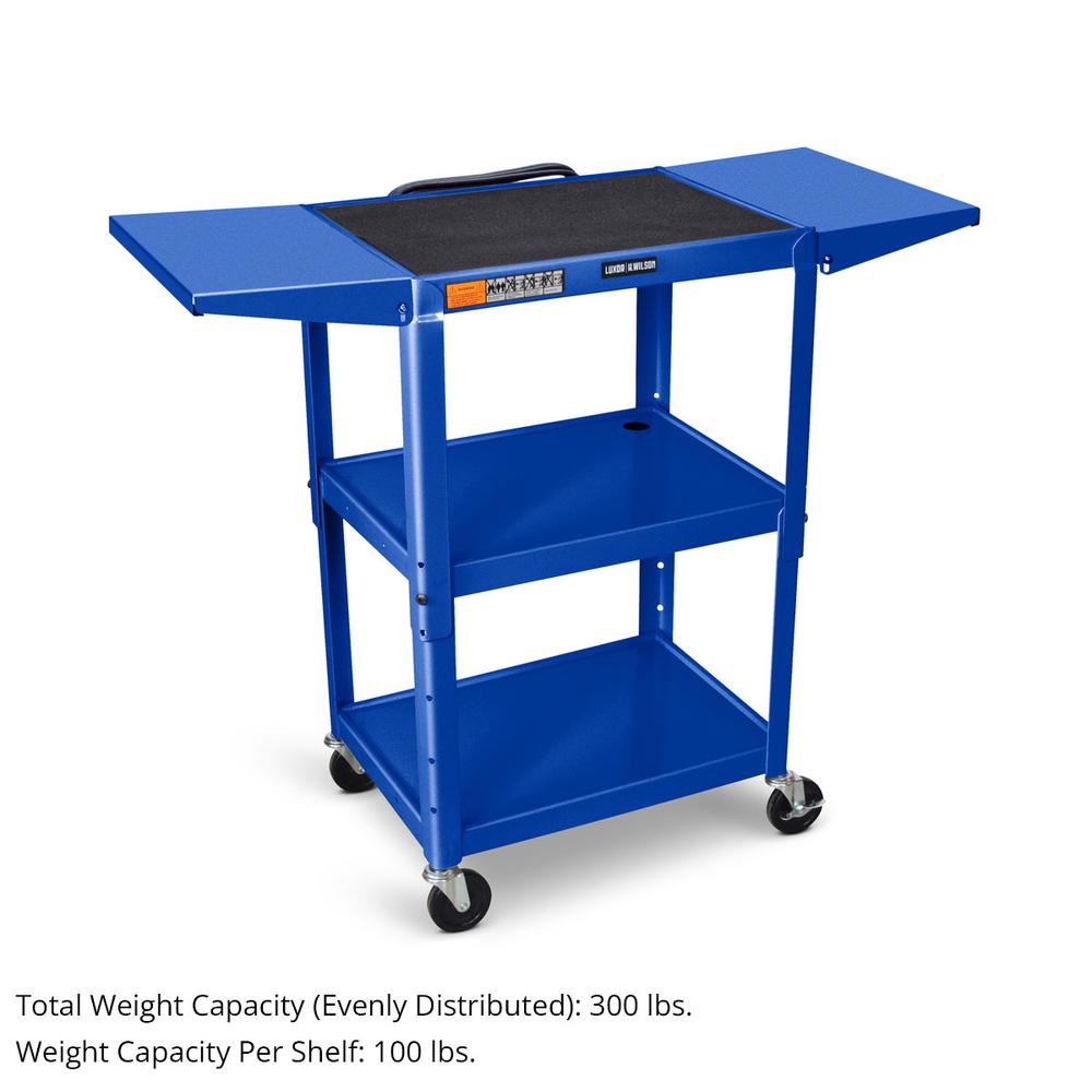 Adjustable-Height Steel Utility Cart - Drop Leaf Shelves, Royal Blue. Picture 3