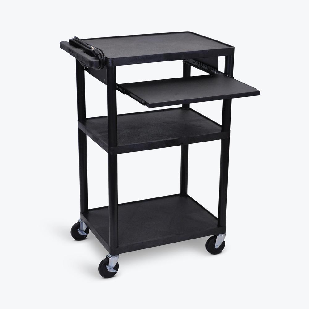 42"H Utility Cart - Three Shelves, Electric, Pullout Shelf, Black. Picture 2