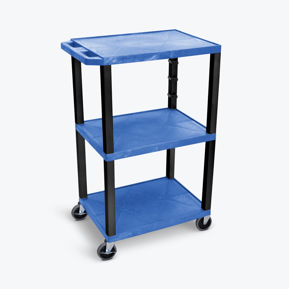 42"H 3-Shelf Utility Cart - Electric, Blue Shelves, Black Legs. Picture 2