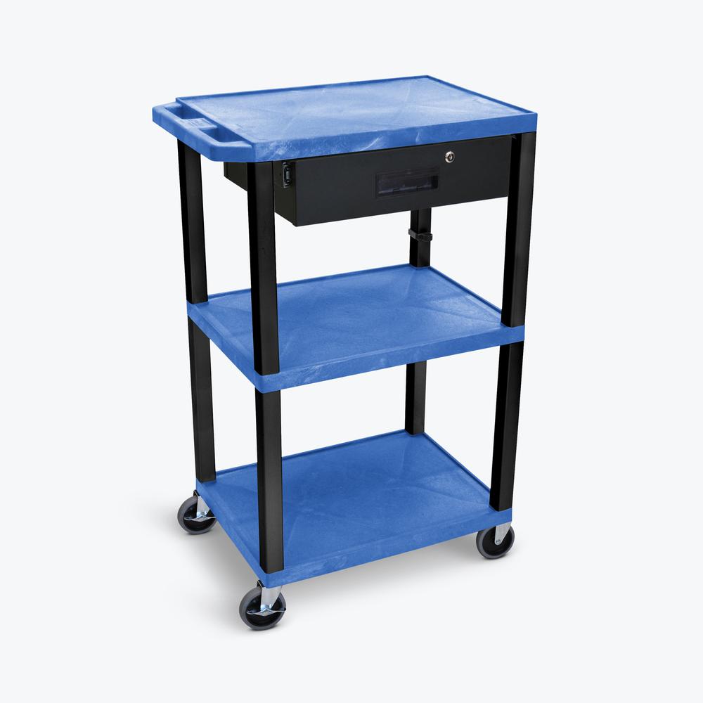 42"H 3-Shelf Utility Cart - Drawer, Blue Shelves, Black Legs. Picture 2