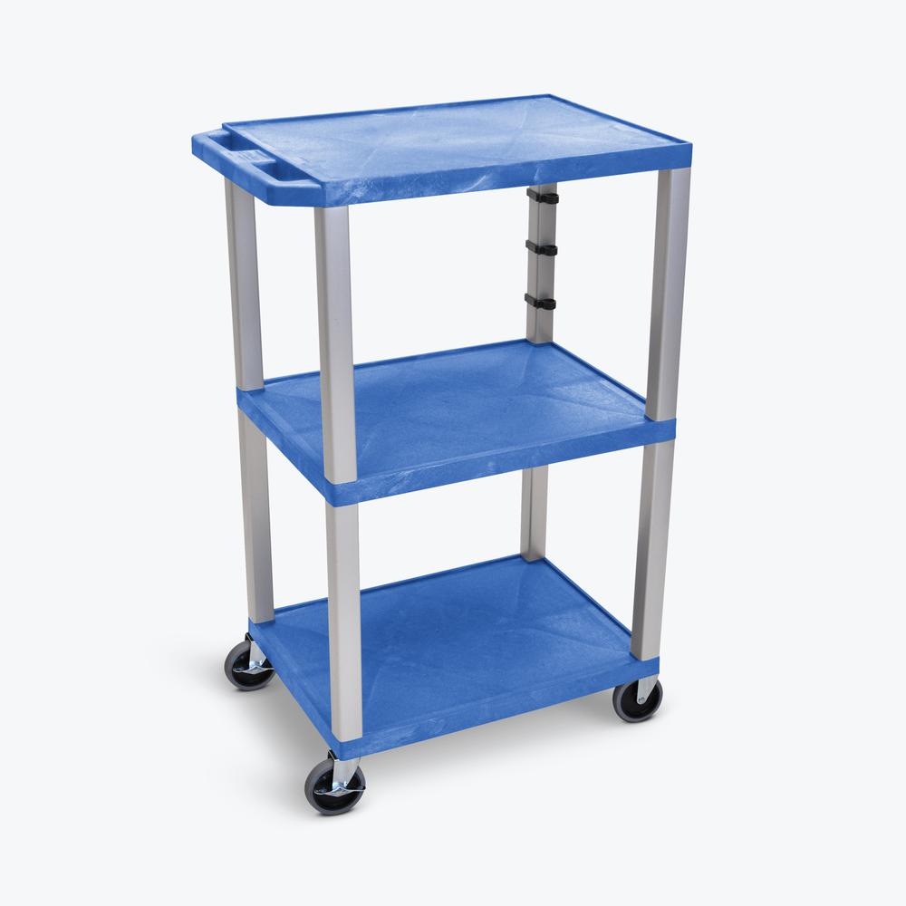 42"H 3-Shelf Utility Cart - Electric, Blue Shelves, Nickel Legs. Picture 2