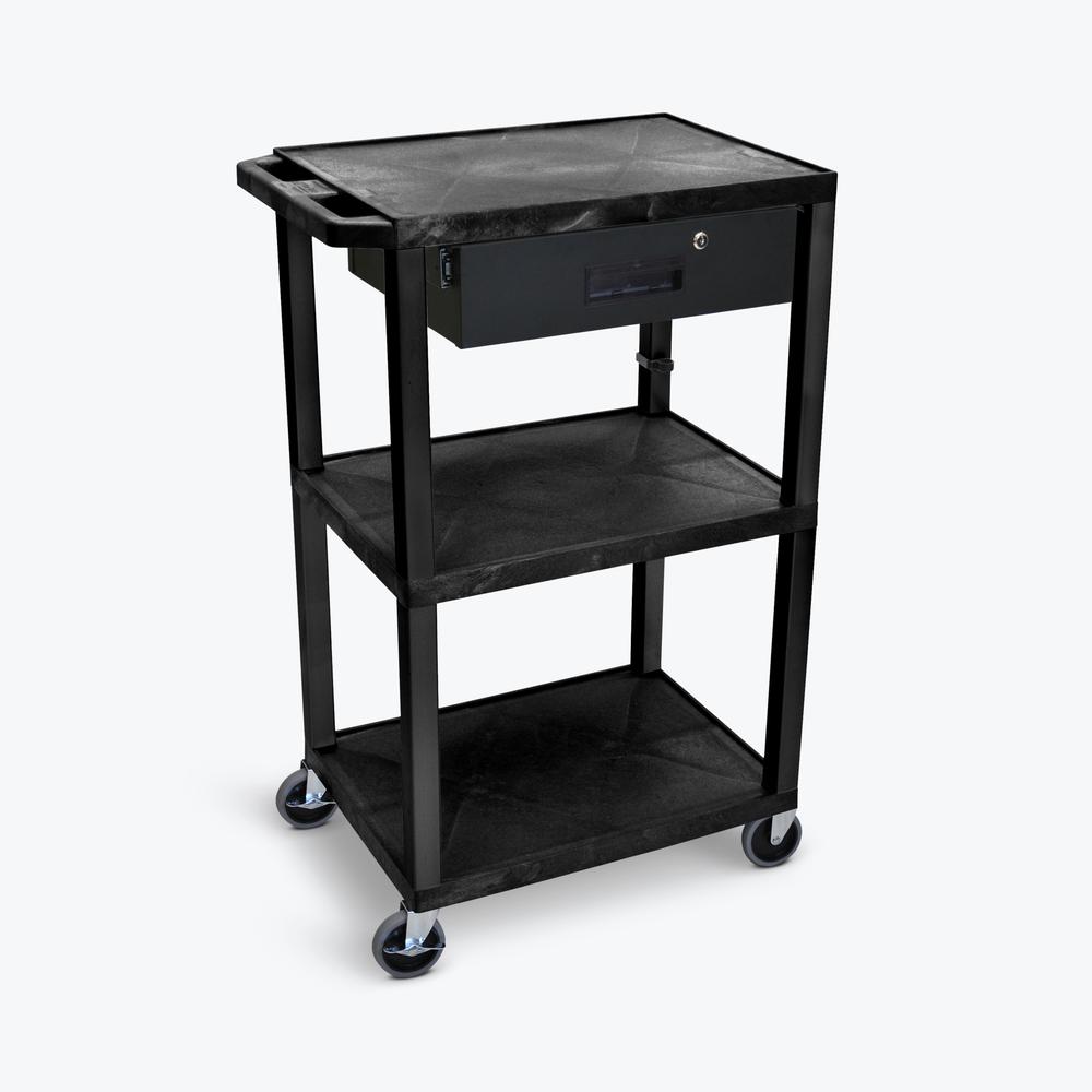 42"H 3-Shelf Utility Cart - Electric, Drawer, Black. Picture 2