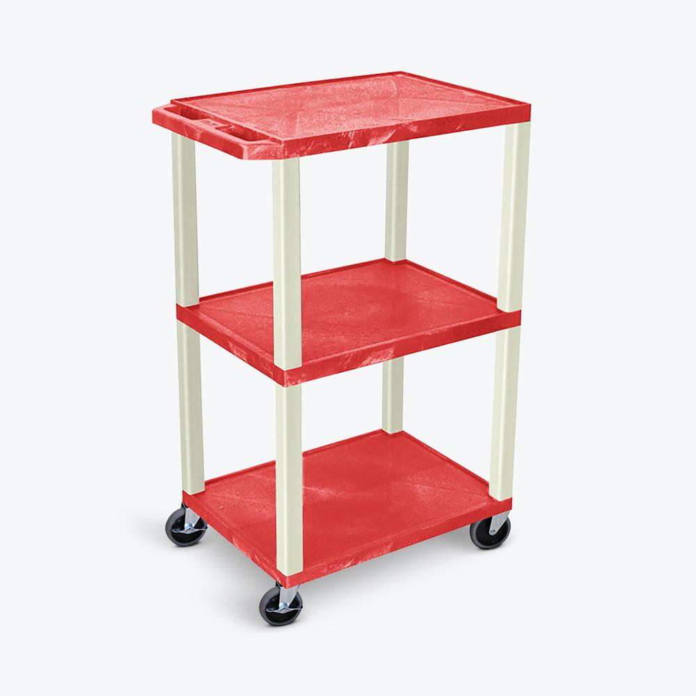 42"H 3-Shelf Utility Cart - Red Shelves, Putty Legs. Picture 2