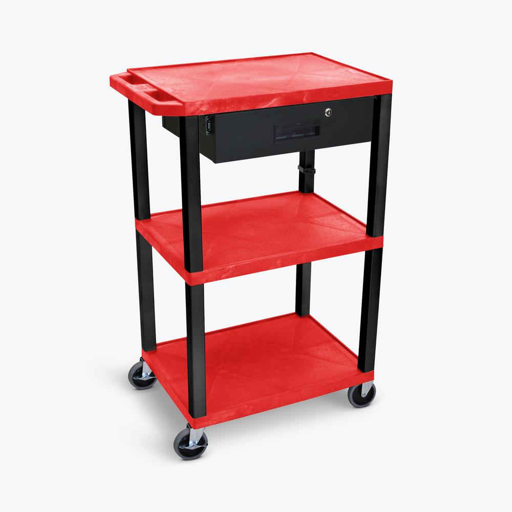 42"H 3-Shelf Utility Cart - Electric, Drawer, Red Shelves, Black Legs. Picture 2