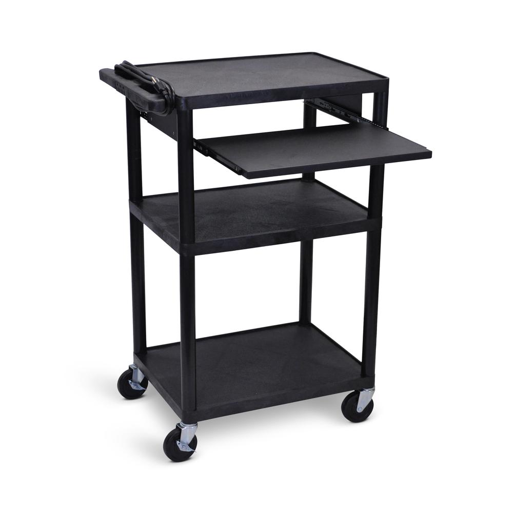 42"H Utility Cart - Three Shelves, Electric, Pullout Shelf, Black. Picture 3