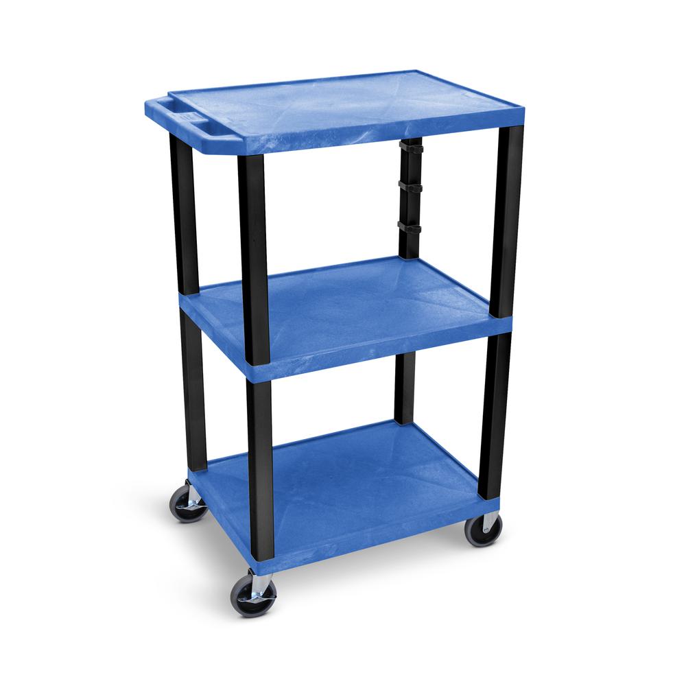 42"H 3-Shelf Utility Cart - Electric, Blue Shelves, Black Legs. Picture 3