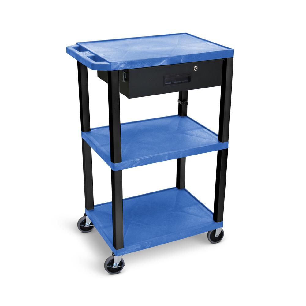 42"H 3-Shelf Utility Cart - Drawer, Blue Shelves, Black Legs. Picture 3