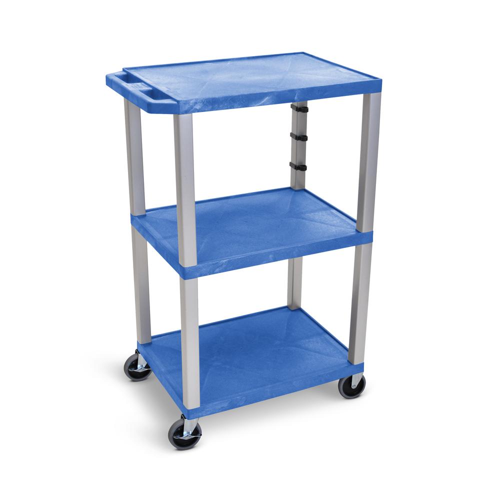 42"H 3-Shelf Utility Cart - Electric, Blue Shelves, Nickel Legs. Picture 3