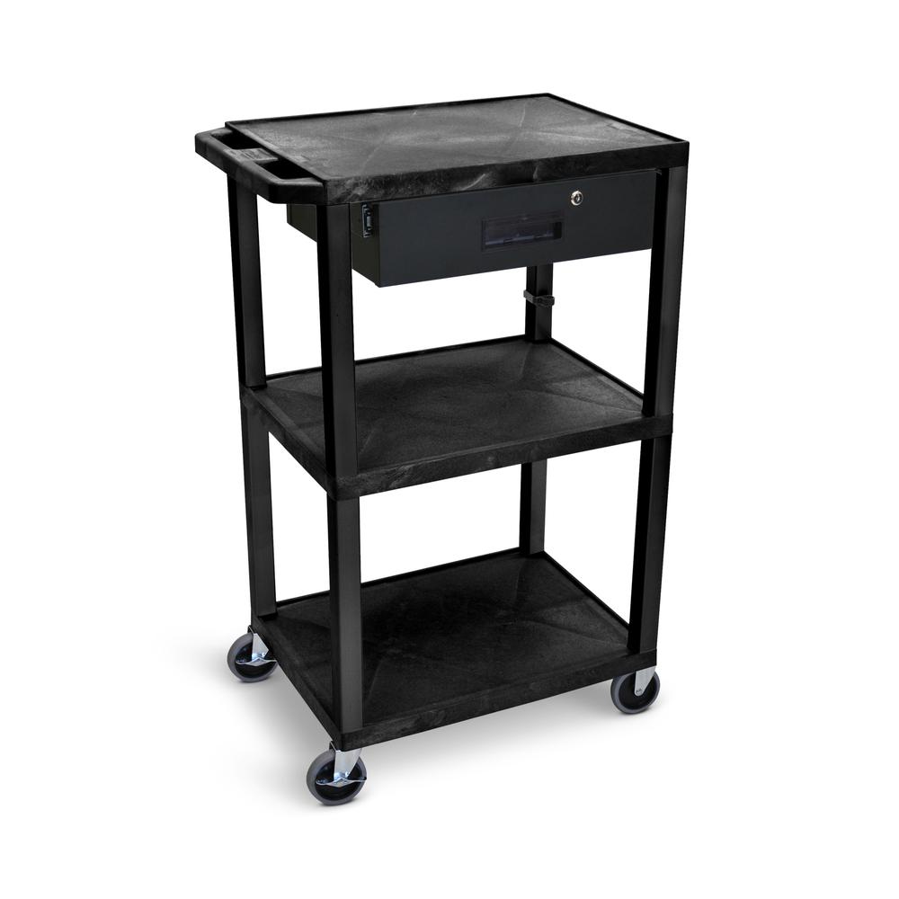 42"H 3-Shelf Utility Cart - Electric, Drawer, Black. Picture 3