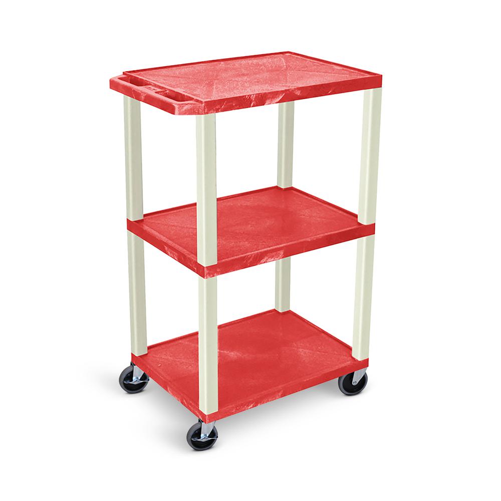 42"H 3-Shelf Utility Cart - Electric, Red Shelves, Putty Legs. Picture 3