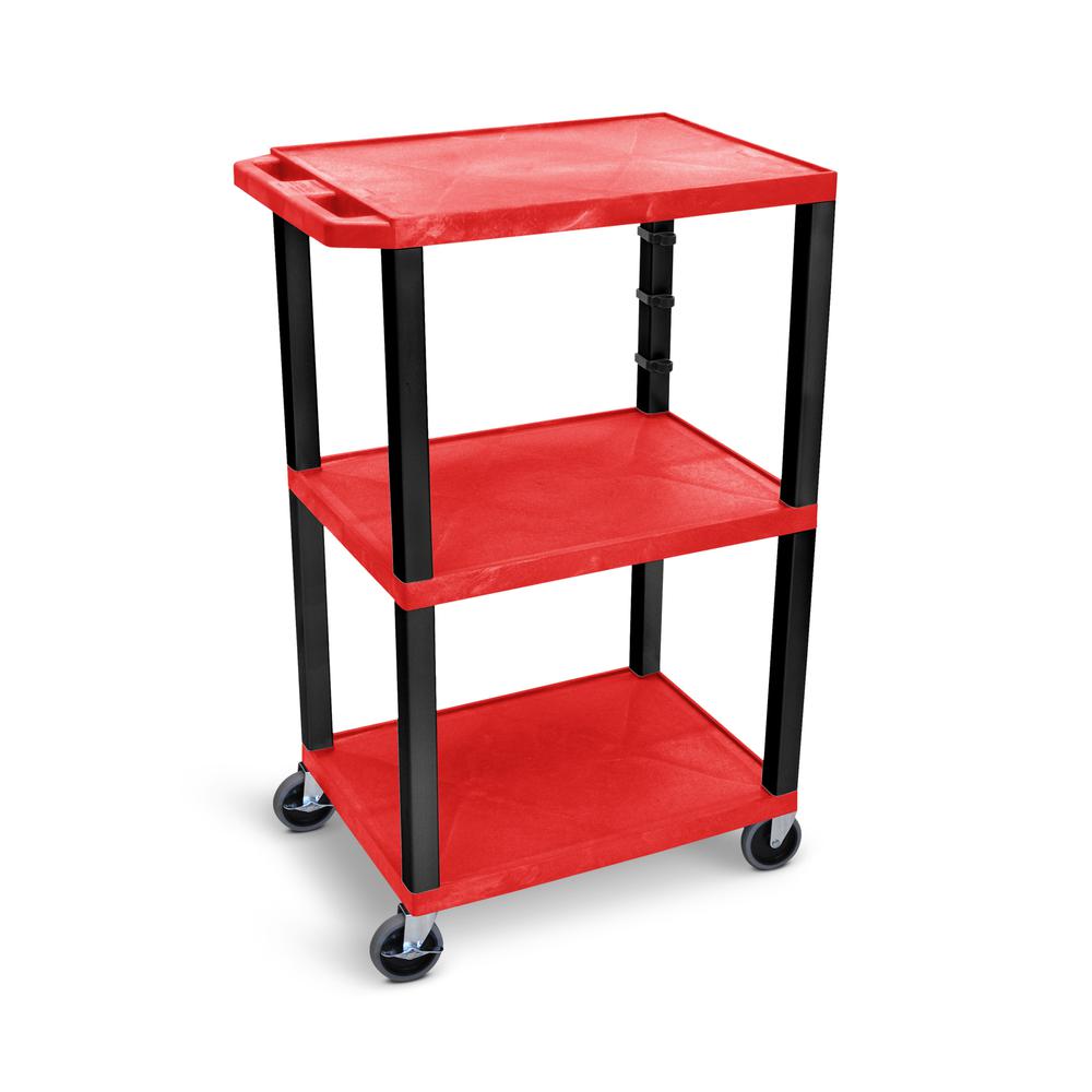 42"H 3-Shelf Utility Cart - Electric, Red Shelves, Black Legs. Picture 3