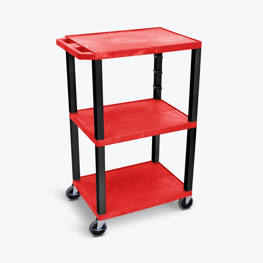 42"H 3-Shelf Utility Cart - Electric, Red Shelves, Black Legs. Picture 1