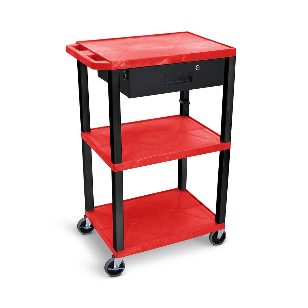42"H 3-Shelf Utility Cart - Electric, Drawer, Red Shelves, Black Legs. Picture 3