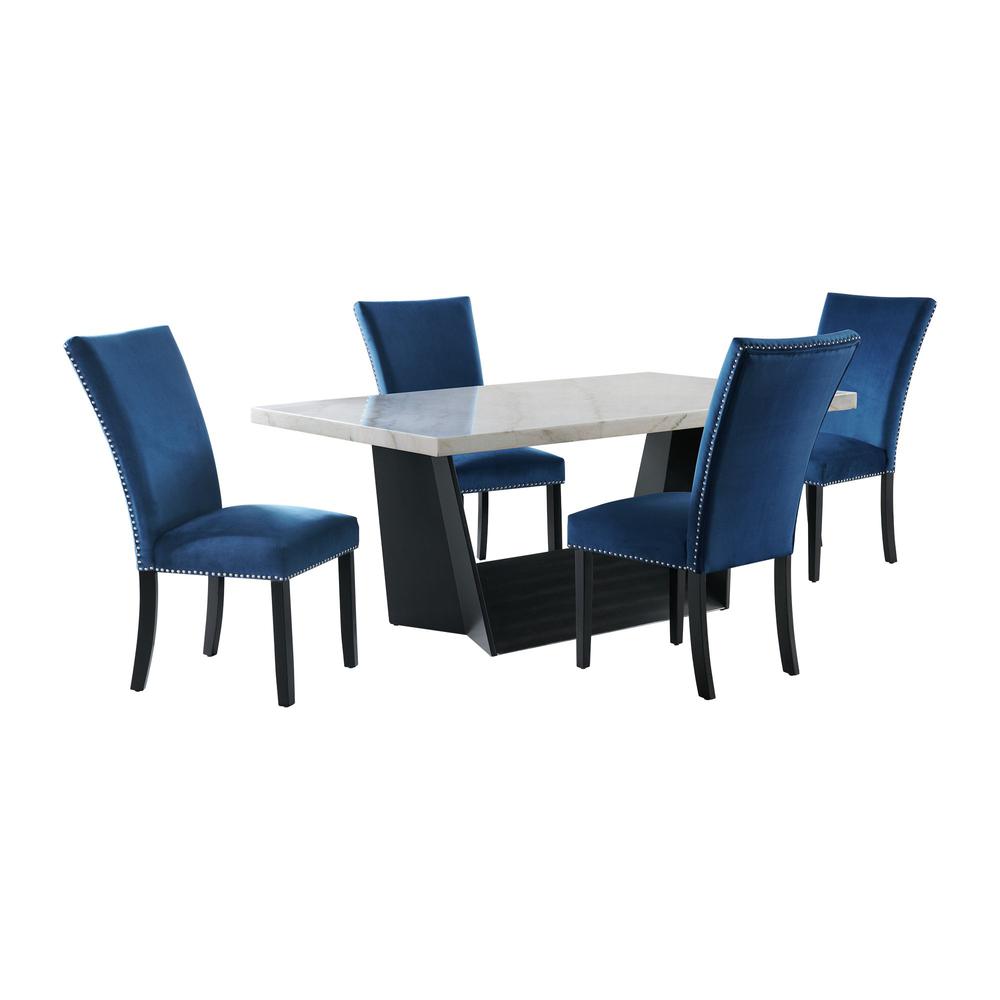 Dillon Standard Height White 5PC Dining Set-Table & Four Velvet Chairs in Blue. Picture 2