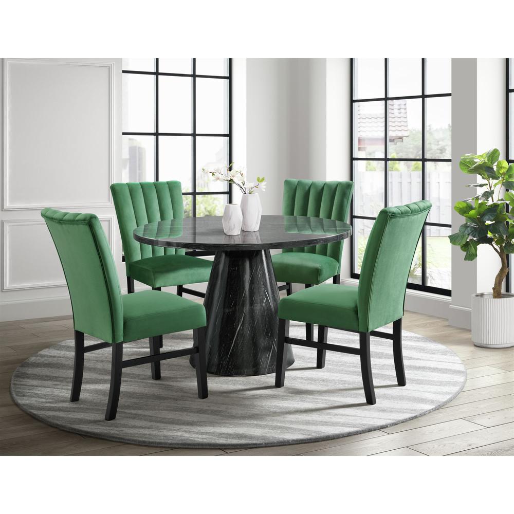 Odette 5PC Dining Set in Grey-Round Table & Four Emerald Velvet Chairs. Picture 12