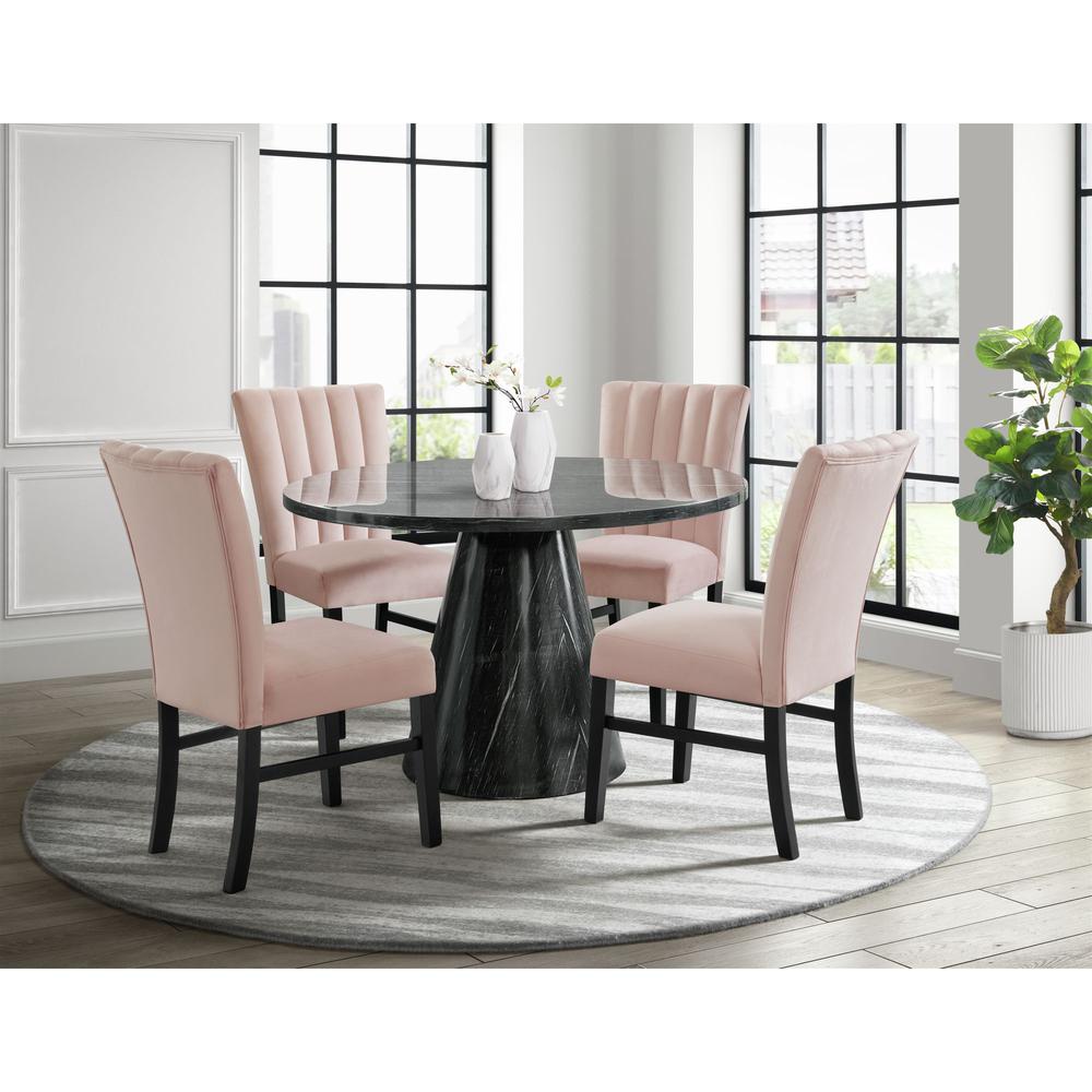 Odette  5PC Dining Set in Grey-Round Table & Four Pink Velvet Chairs. Picture 12