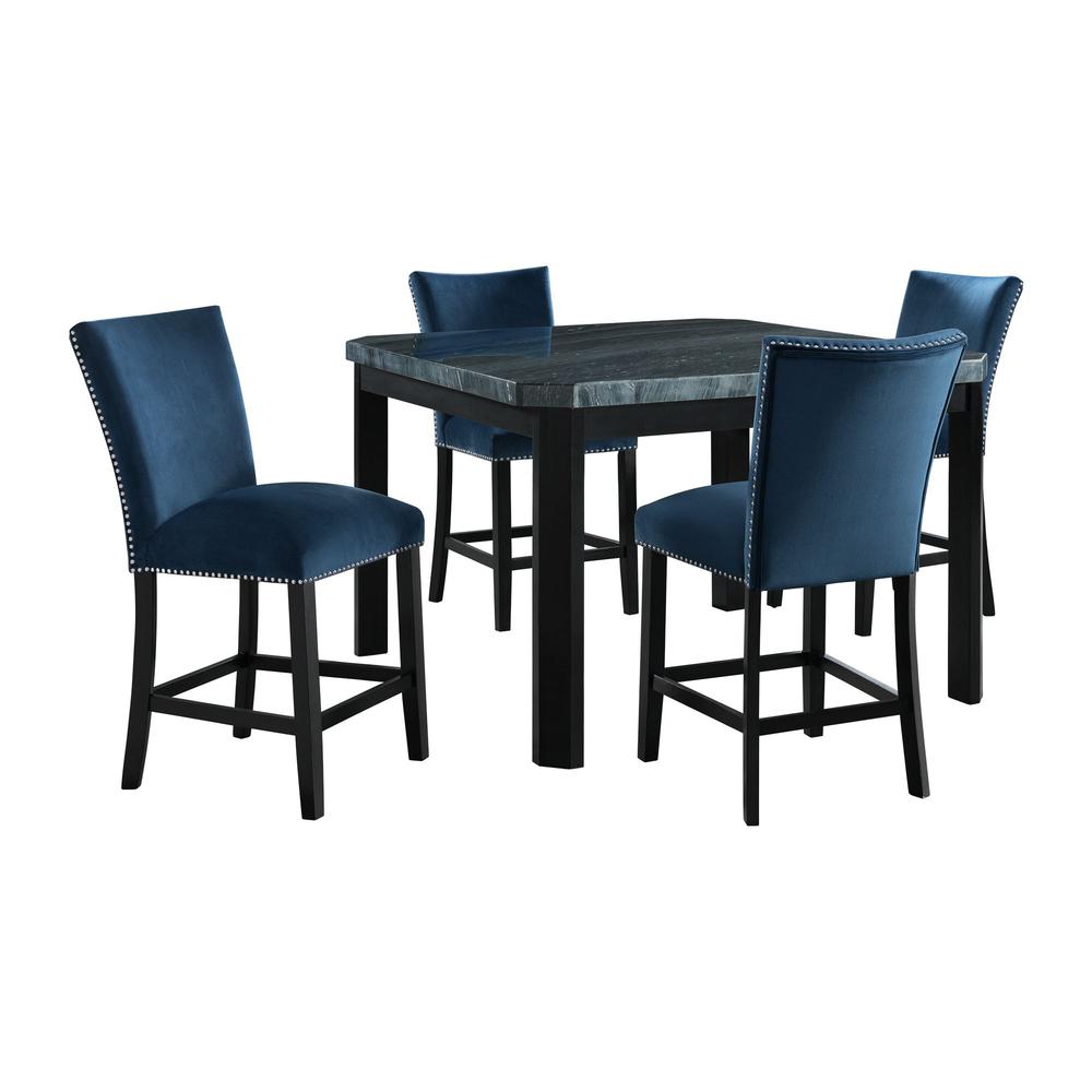 Picket House Furnishings Celine Square 5PC Counter Dining Set- Table & Four Blue Velvet Chairs. Picture 2