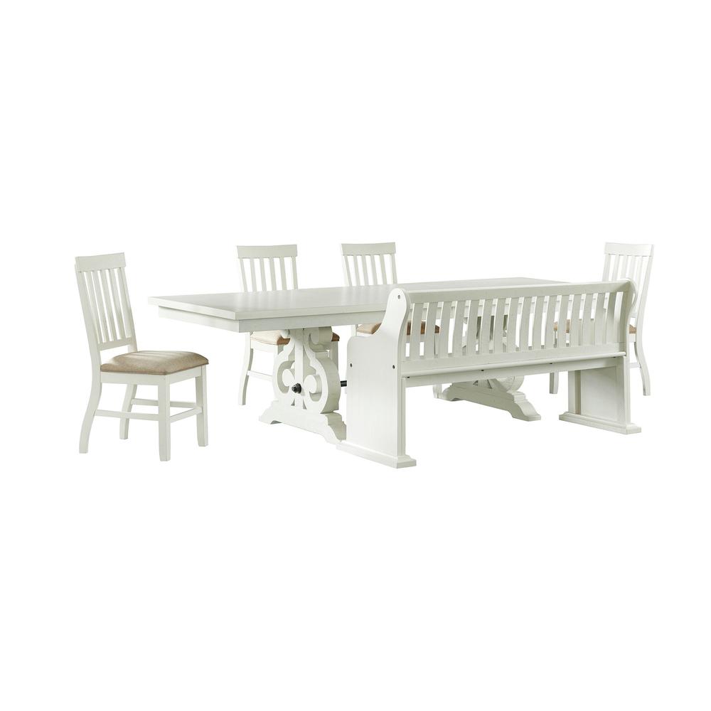 Picket House Furnishings Stanford 6PC Dining Set-Table, 4 Side Chairs & Pew Bench in White. Picture 2