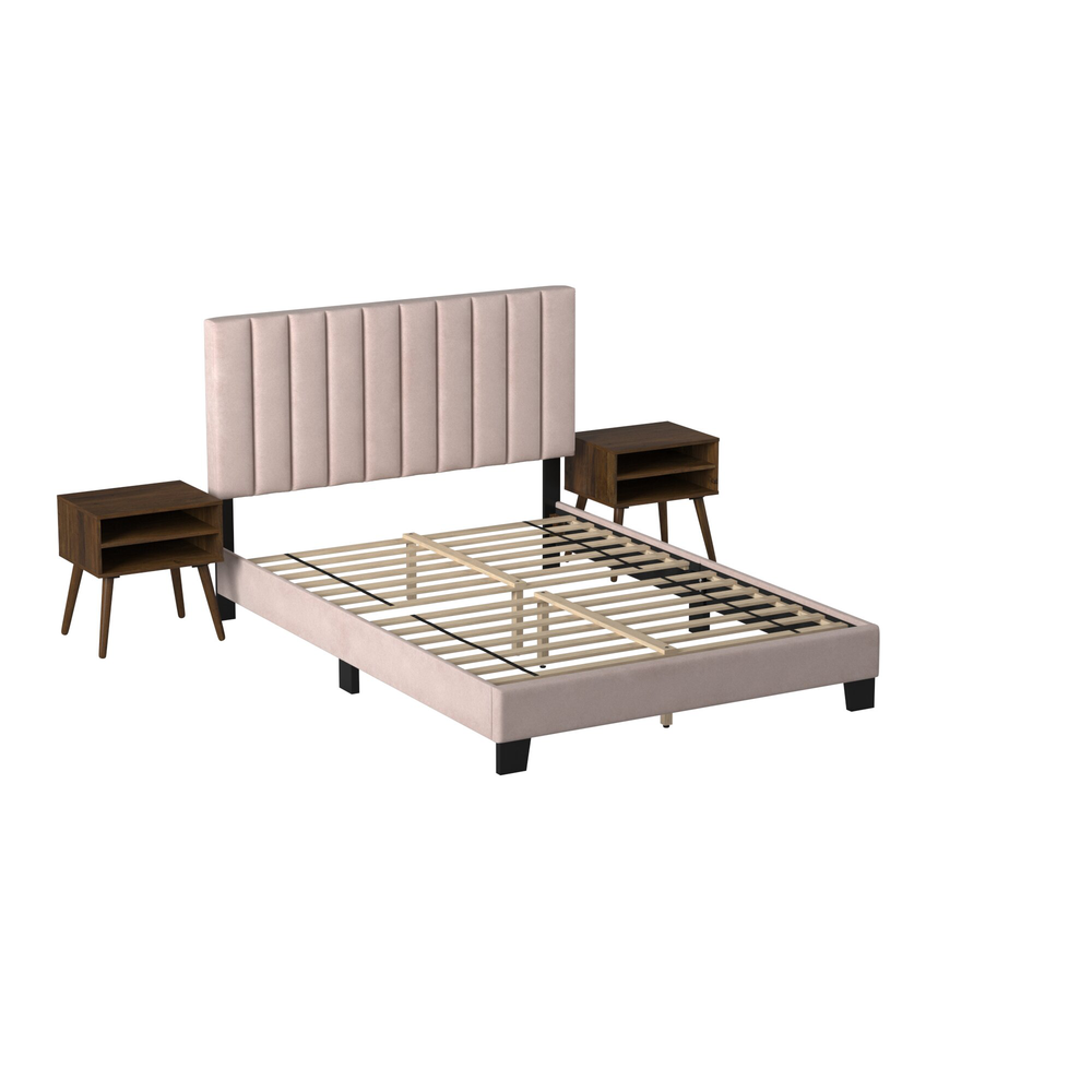 Picket House Furnishings Colbie Upholstered Queen Platform Bed iWith Nightstands in Blush. Picture 3