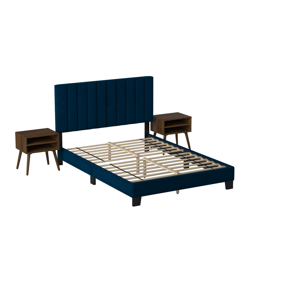 Picket House Furnishings Colbie Upholstered Queen Platform Bed with Nightstands in Navy. Picture 3